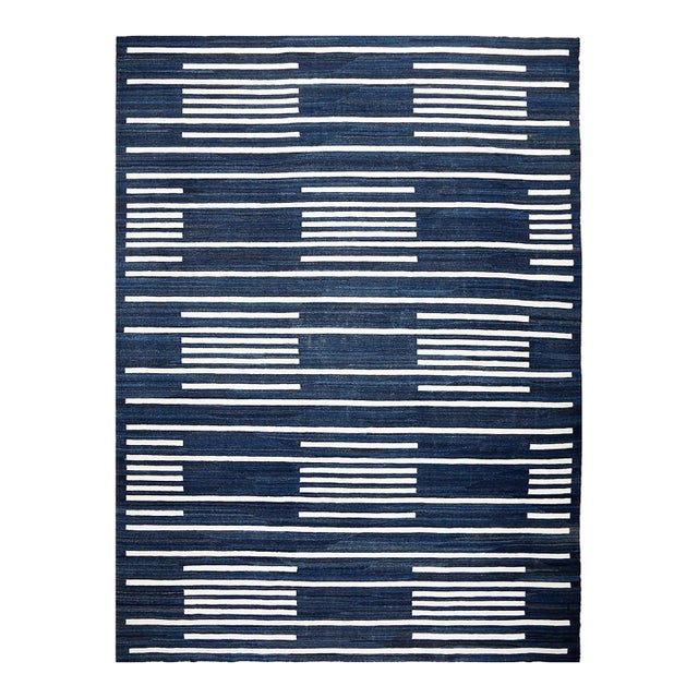 Ariana Grand 11x16 Turkmen Maimana Handwoven Indigo Geometric Kilim | Chairish For Sale