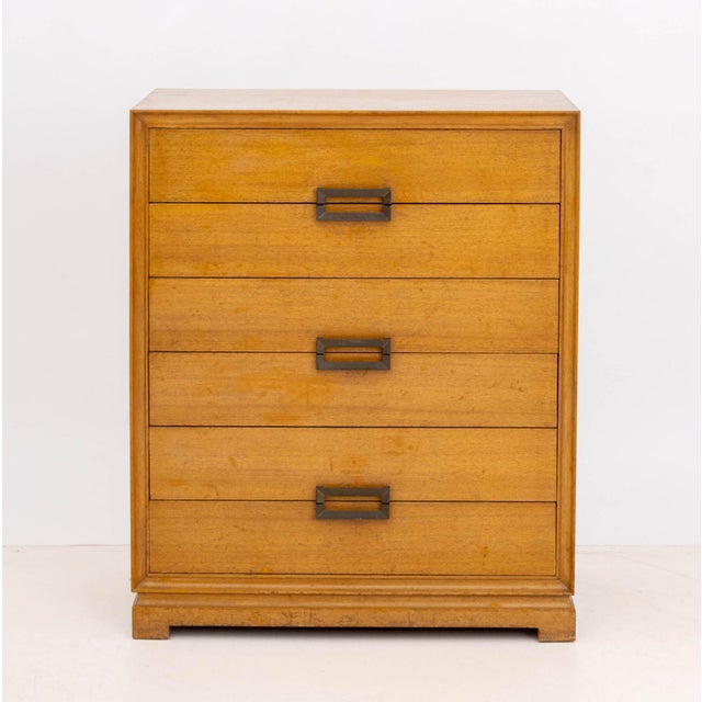 James Mont Style Blonde Mahogany Chest of Drawers, eight drawers with patinated brass pulls. 43.25" H x 36.25" W x 20.25"...