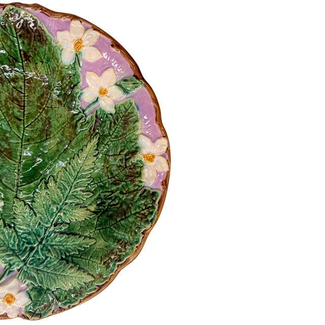 Victorian Joseph Holdcroft Majolica Plate With Leaf, Ferns and Flowers, English, Ca. 1875 For Sale - Image 3 of 11
