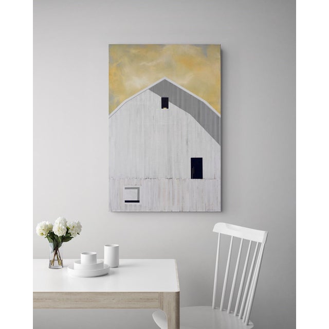 Wood Summer Sunset by Justin Wheatley | Acrylic on Panel White Barn With Yellow Sky For Sale - Image 7 of 8