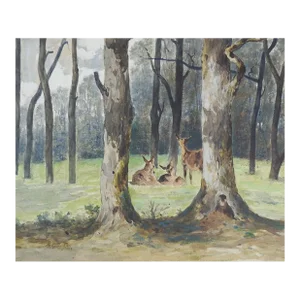 Early 19th Century Robert Hills Deer in Forest Landscape Watercolor Painting