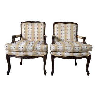 Vintage Louis XV Style French Provincial Walnut Upholstered Armchairs - A Pair For Sale
