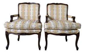 Vintage Louis XV Style French Provincial Walnut Upholstered Armchairs - A Pair