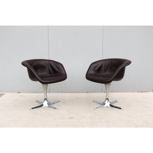 Brunswick Co. 1960 Mid-Century Modern Burke Division Brown Leather Swivel Bucket Chairs, a Pair For Sale - Image 4 of 18