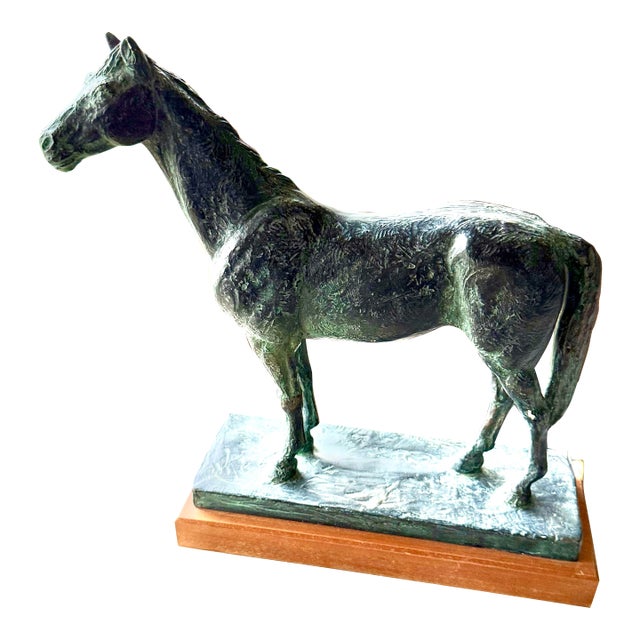 Vintage Bronze Horse Sculpture With Green Patina on Marble For Sale