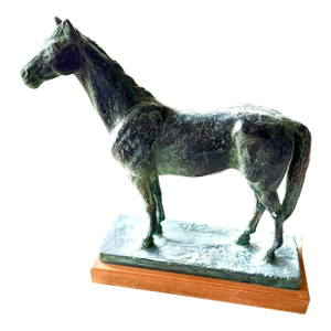 Vintage Bronze Horse Sculpture With Green Patina on Marble