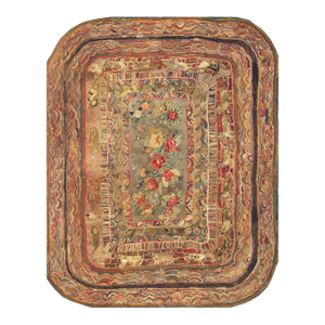 1890s Multicolor Floral Folk Art Antique American Hooked Rug 5' 8" X 8' 2" Wool Cotton Knotted Carpet