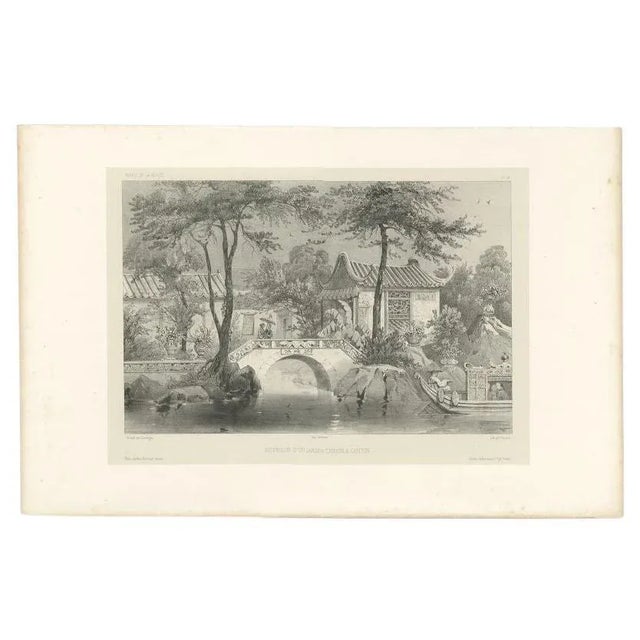 Antique print titled 'Intérieur d'un jardin Chinois a Canton'. This print depicts a garden in Guangzhou, China. Originates...