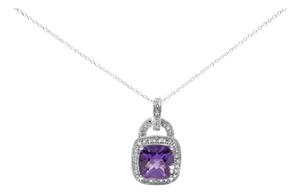 .925 Sterling Silver 10X10 MM Cushion Purple Amethyst and Diamond Accent Halo 18" Pendant Necklace (I-J Color, I1-I2 Clarity)