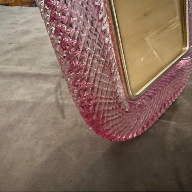 1990s Barovier Style Art Deco Pink Murano Glass and Brass Picture Frame For Sale - Image 9 of 9