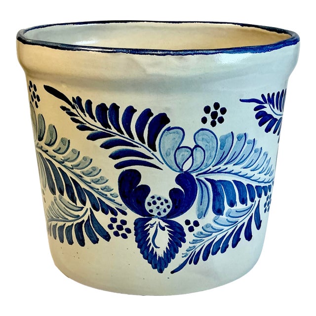Early 1900s Antique Boho Chic Rustic European Faience Delft Crock Vessel. For Sale