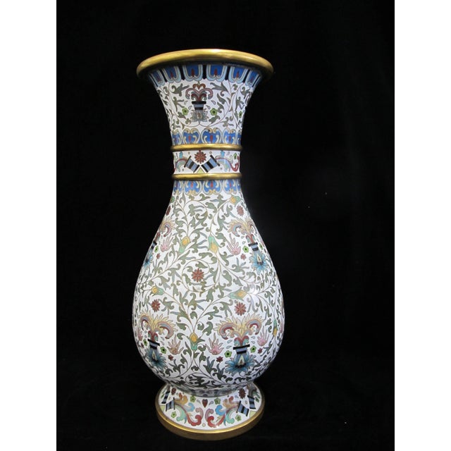 Large Chinese White Enamel Cloisonne Colorful Flower Vase Pair For Sale - Image 12 of 14