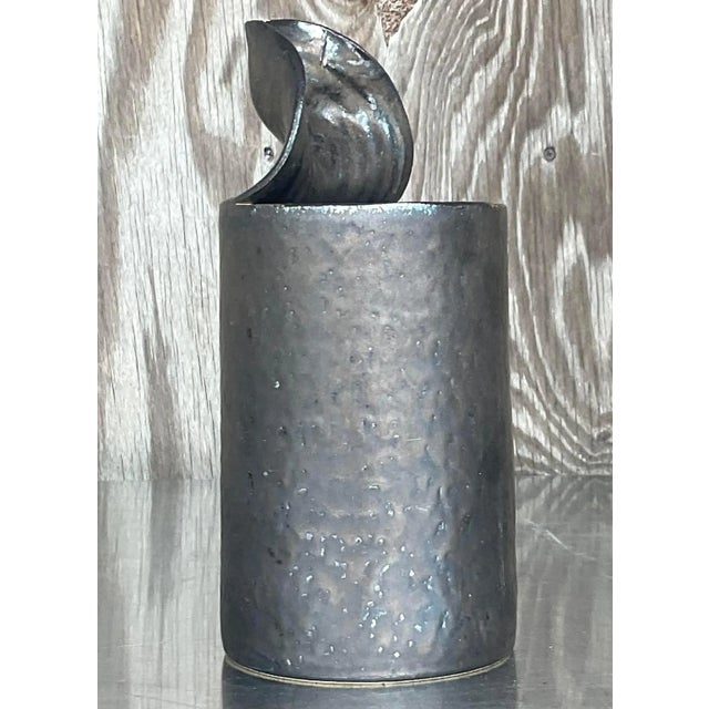 Late 20th Century Vintage Brutalist Sculptural Black Studio Pottery Vase For Sale - Image 5 of 13
