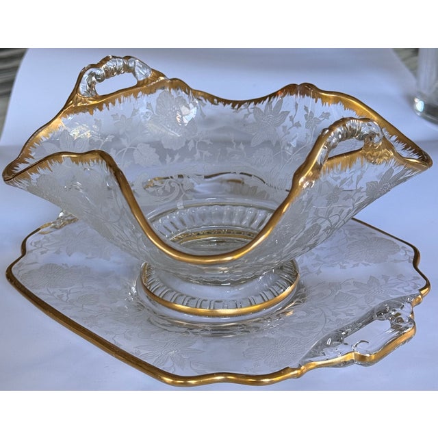 Art Nouveau Gold Gilt Cambridge Wildflowers Bon Bon Plate & Basket Depression Glass - Two Pieces For Sale - Image 3 of 12