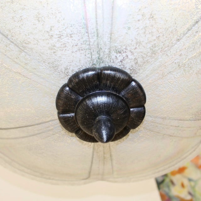 French Country Iridescent Glass Flower Pendant Light | Wrought Iron Detail For Sale - Image 3 of 11