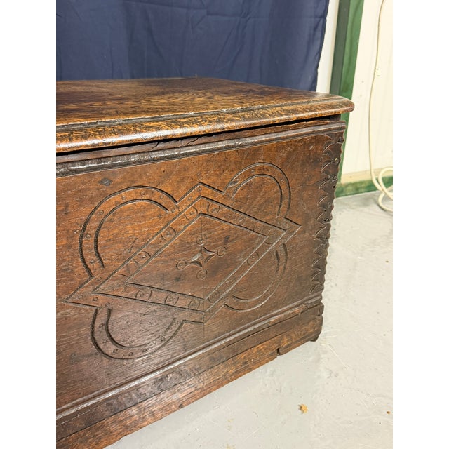17th Century Antique English Carved Oak Trunk, 1650 For Sale - Image 5 of 18