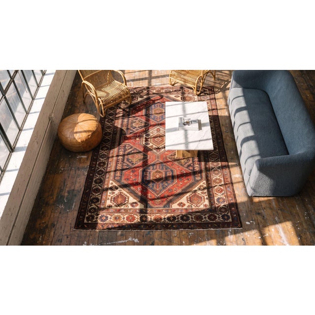 Textile 1860s Brown Geometric Tribal Antique n.w. Persian Savojbolagh Rug 4'8" X 7'4" Handknotted Wool Carpet For Sale - Image 7 of 8