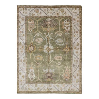 Green Colored Oushak Rug With All Over Design For Sale