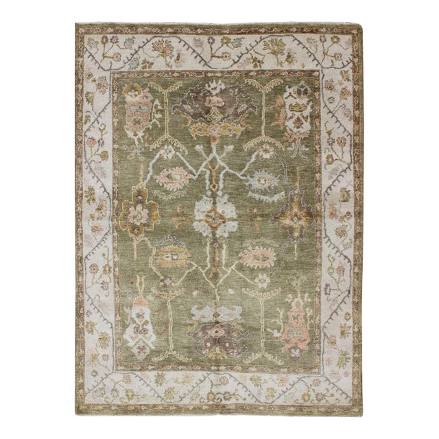 Green Colored Oushak Rug With All Over Design For Sale