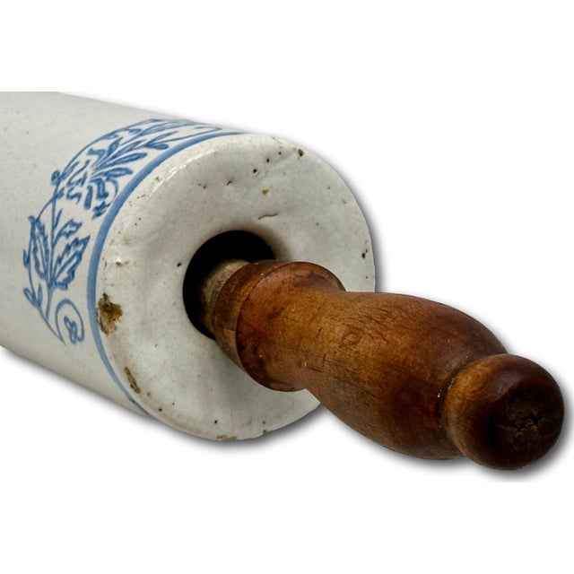 Unusual Antique American Wood Handle Stoneware Kitchen Rolling Pin With 4 Blue Wildflower Decorations For Sale - Image 11 of 16