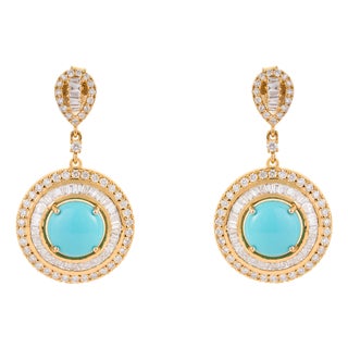 Luxury 14k Gold Turquoise & Diamond Double Halo Drop Earrings, 3.07ct- A Pair For Sale