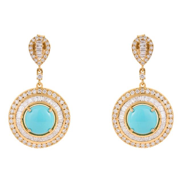 Luxury 14k Gold Turquoise & Diamond Double Halo Drop Earrings, 3.07ct- A Pair For Sale