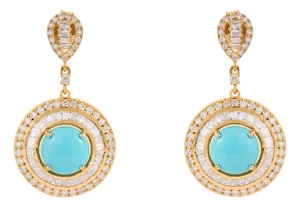 Luxury 14k Gold Turquoise & Diamond Double Halo Drop Earrings, 3.07ct- A Pair