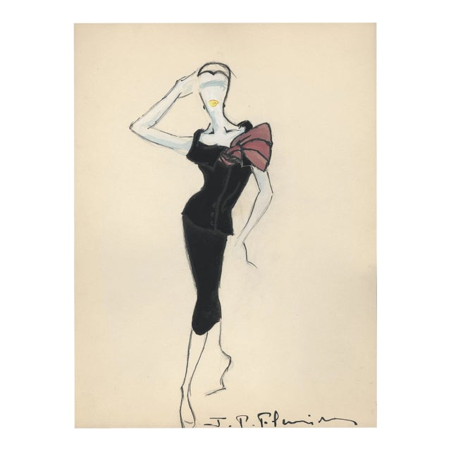 1950s Mid-Century French Fashion Drawing, Gouache For Sale