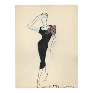 1950s Mid-Century French Fashion Drawing, Gouache
