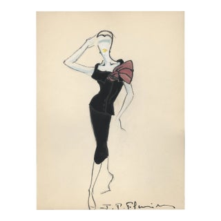 1950s Mid-Century French Fashion Drawing, Gouache, Matted For Sale