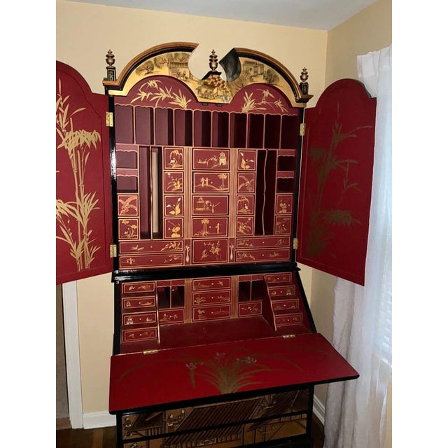 Hand-Painted Vintage Chinoiserie Village Scene Secretary Desk & Bookcase For Sale In Cleveland - Image 6 of 17