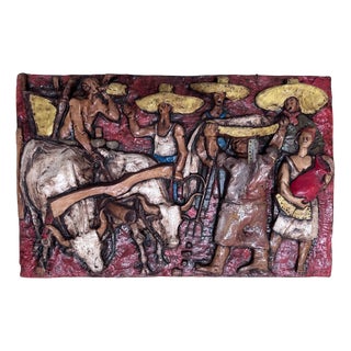 Italian Glazed Ceramic Wall Art Relief with Farmers in the Filed Scene, Gradara, Italy, 1968 For Sale