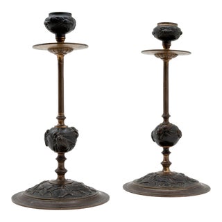 Bronze Candlestick with Insect/Leaf Decoration, French, 19th Century - A Pair For Sale