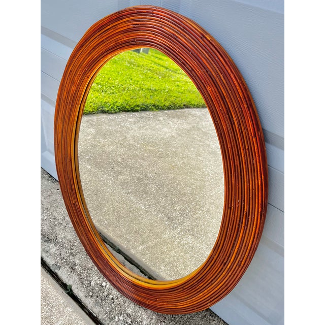 Mid Century Modern Oval Rattan Split Reed Wall Mirror | Attributed to Gabriella Crespi For Sale - Image 10 of 14