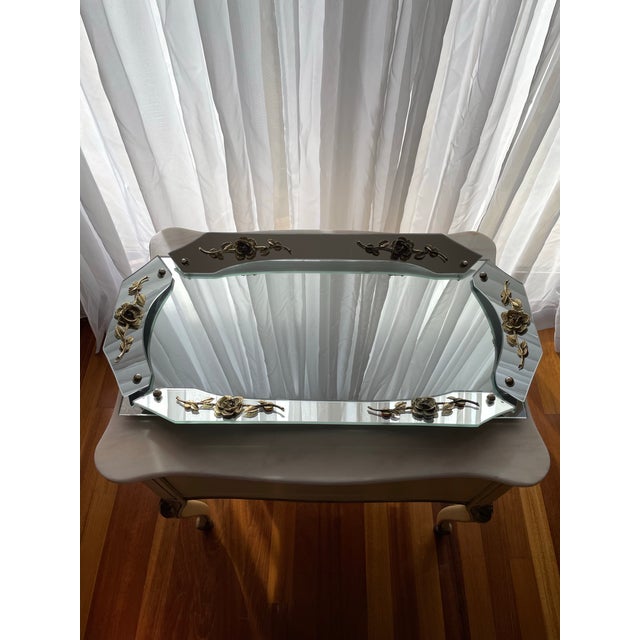 Mid-Century Modern Vintage 1940s French Style Hollywood Regency Beveled Vanity Mirror With Gilt Floral Accents For Sale - Image 3 of 10