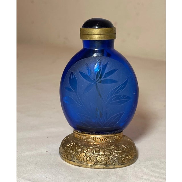 Antique Chinese Etched Cobalt Glass Chased Bronze Striker Lighter Snuff Bottle For Sale - Image 9 of 11