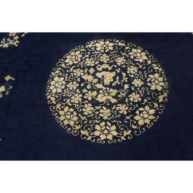 1900s Navy Blue Solid Floral Deco Antique Chinese Peking Knotted Room Size Rug For Sale In New York - Image 6 of 10