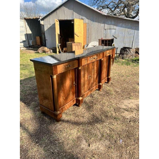 19th Century French Empire Flam Mahogany Marble Top Sideboard / Credenzas For Sale - Image 12 of 12