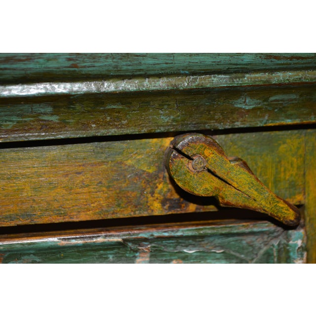 1990s Rustic Heavy Wooden Cabinet / Nightstand W/ Green Trim Patina & Single Glass Door For Sale - Image 12 of 18