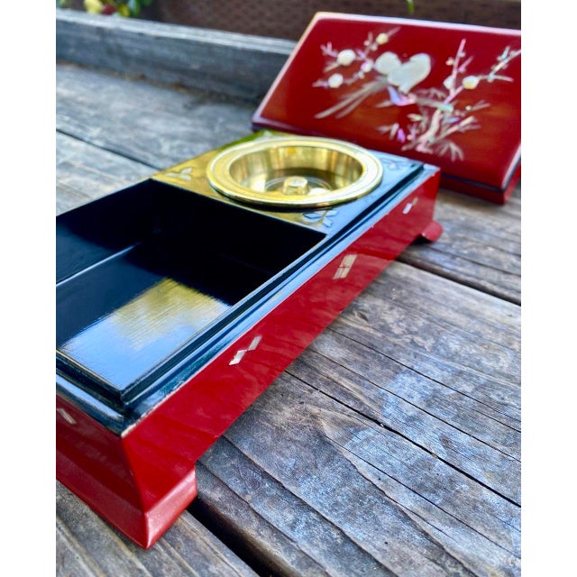 Vintage Japanese Red Lacquer Smoking Box With Mother-of-Pearl Birds and Brass Ash Receiver For Sale - Image 11 of 16