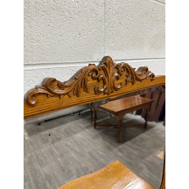 Wood Antique Victorian Tiger Oak Serpentine Dresser With Beveled Mirror For Sale - Image 7 of 17