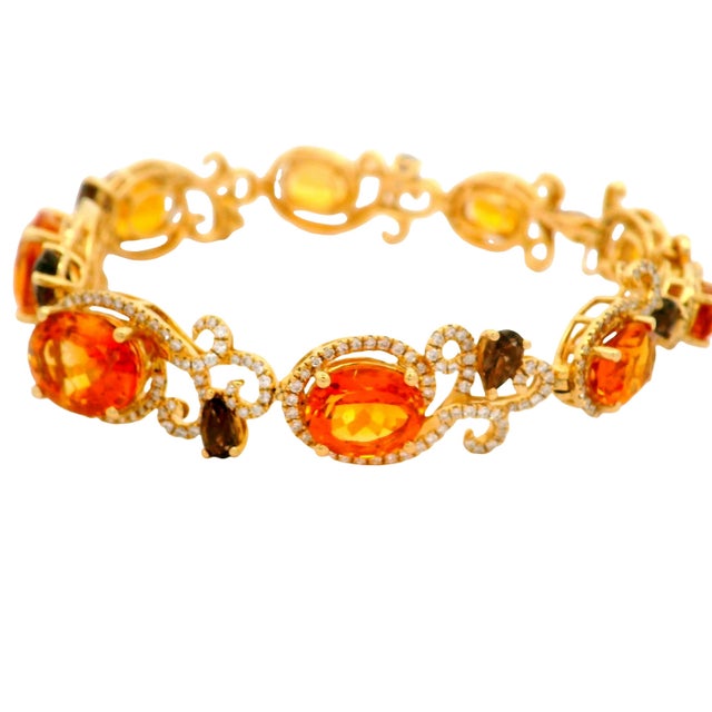 Citrine Smoky Topaz Diamond 14k Yellow Gold Halo Filigree Bracelet For Sale - Image 4 of 5