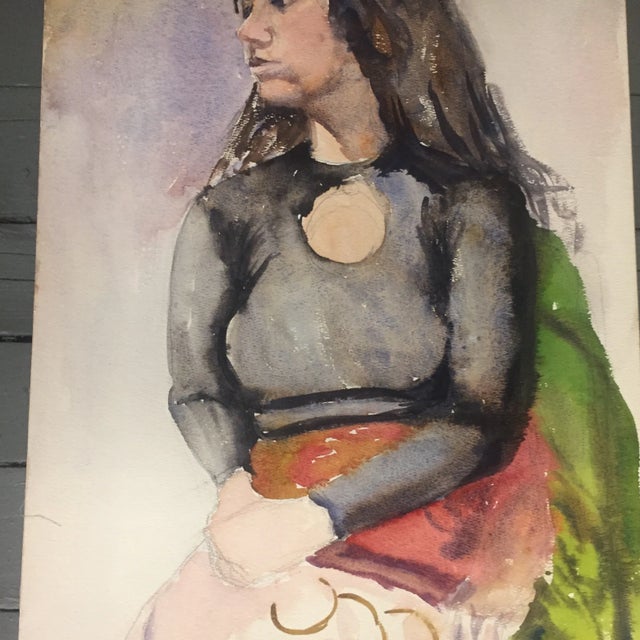 Figurative Original Vintage Female Portrait Watercolor Painting For Sale - Image 3 of 6