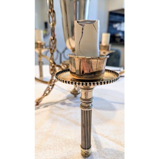 Vintage Brass Bouillotte Chandelier 5-Light Etched Glass Globes For Sale - Image 14 of 15