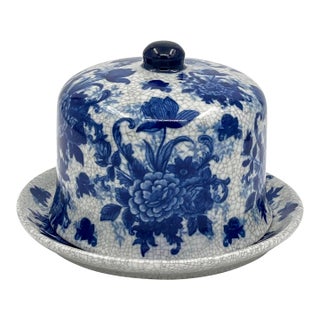 Vintage Bombay Company Blue and White Ceramic Cheese Dome For Sale