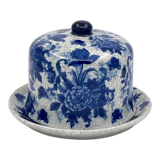 Vintage Bombay Company Blue and White Ceramic Cheese Dome For Sale