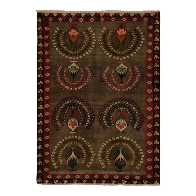1950s Vintage Gabbeh Tribal Rug in Brown With Colorful Peacock Pictorial Patterns For Sale