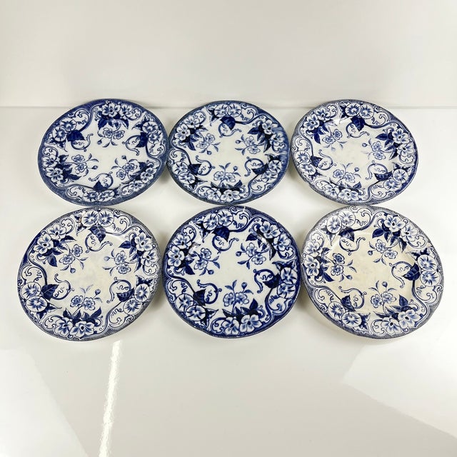 19th Century Flora Earthenware Dessert Plates in Blue from Creil and Montereau, Set of 6 For Sale - Image 3 of 17
