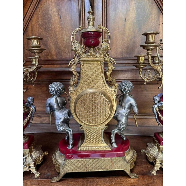Metal Louis XV Clock and Candelabras in Bronze and Red Marble, Set of 3 For Sale - Image 7 of 9