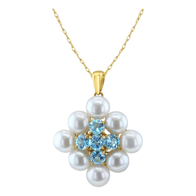 Blue Topaz & Freshwater Pearl Necklace 14k Yellow Gold For Sale